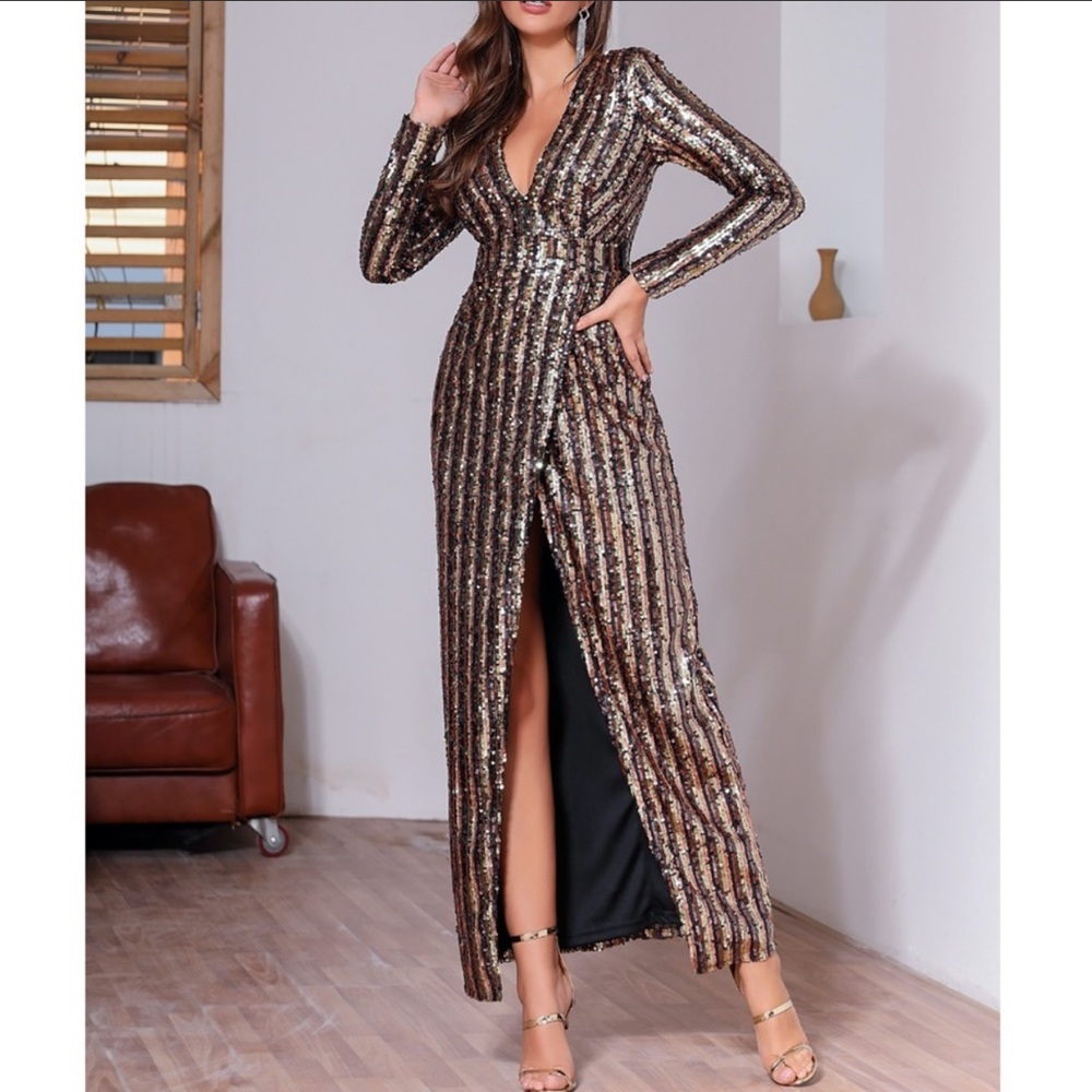 Gold Black Striped Sequin Split Thigh Wrap Dress